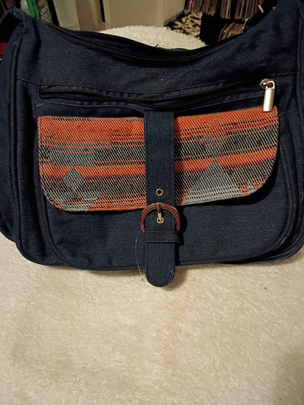 Women's Navy Crossbody Bag with Orange Accent Flap